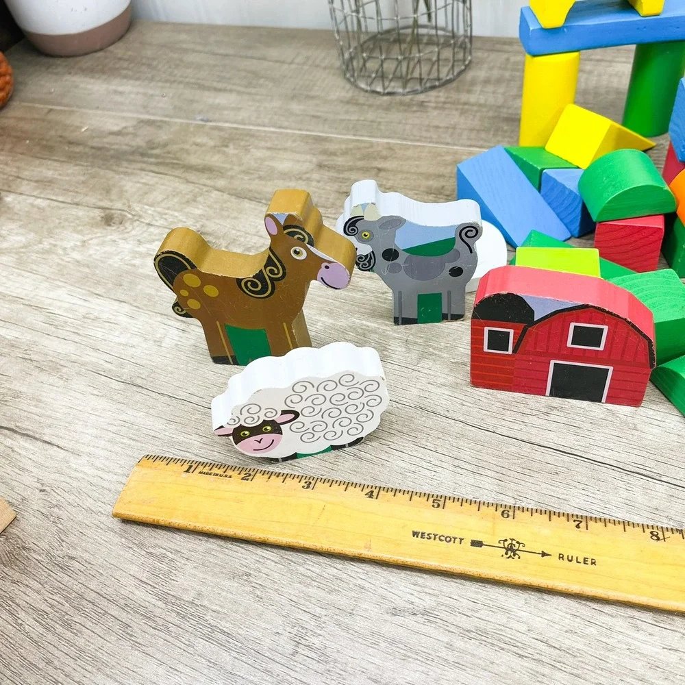 Wooden Building Blocks Farm Set Barn Animals Horse Sheep Goat 80+ Pieces Kids